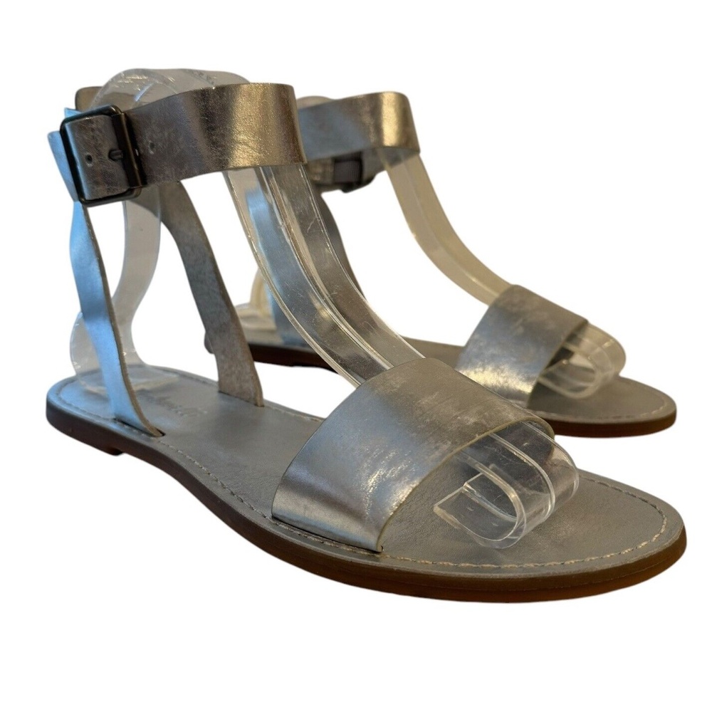 Madewell The Boardwalk Silver Leather Sandals Womens Sz 8 Ankle Strap Greek Flat